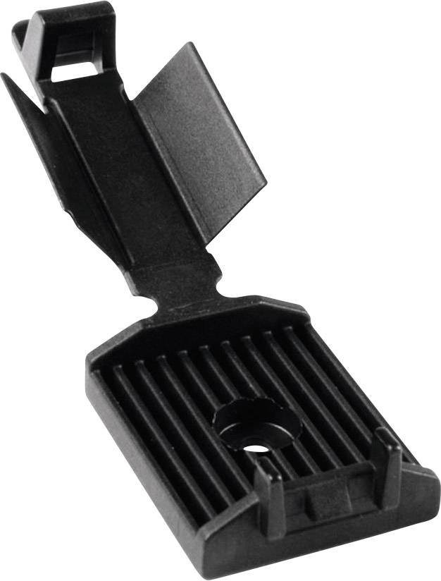 Un clip noir, rectangulaire en plastique avec un fond strié et un trou en son centre, utilisé pour la fixation de câbles.