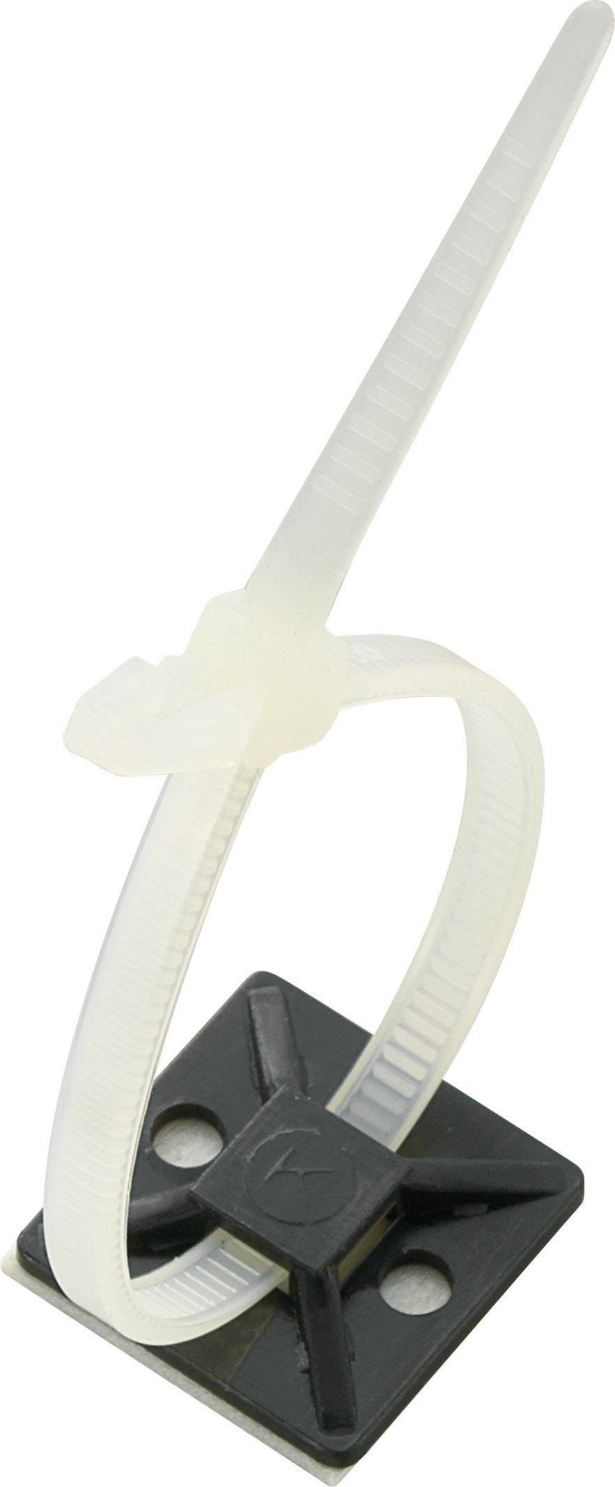 Un collier de serrage blanc est monté sur une plaque de fixation noire, qui comporte deux trous de vis pour la fixation.