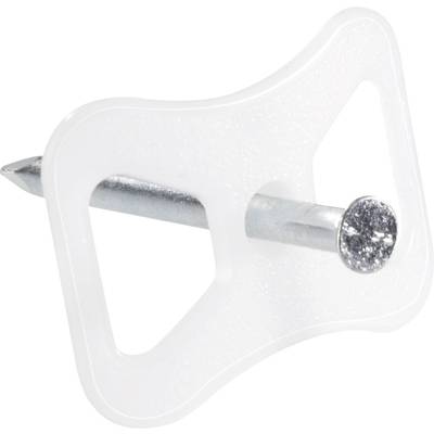 Un seul clou argenté traverse un bouclier blanc plastique trapézoïdal, servant de support ou de support de suspension.