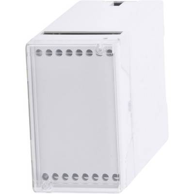 Un boîtier rectangulaire blanc avec un panneau avant transparent et des angles légèrement arrondis, adapté aux composants électroniques.