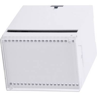 Un appareil blanc, carré, doté d'un couvercle transparent et de trous d'aération à l'avant. Il semble être un boîtier.
