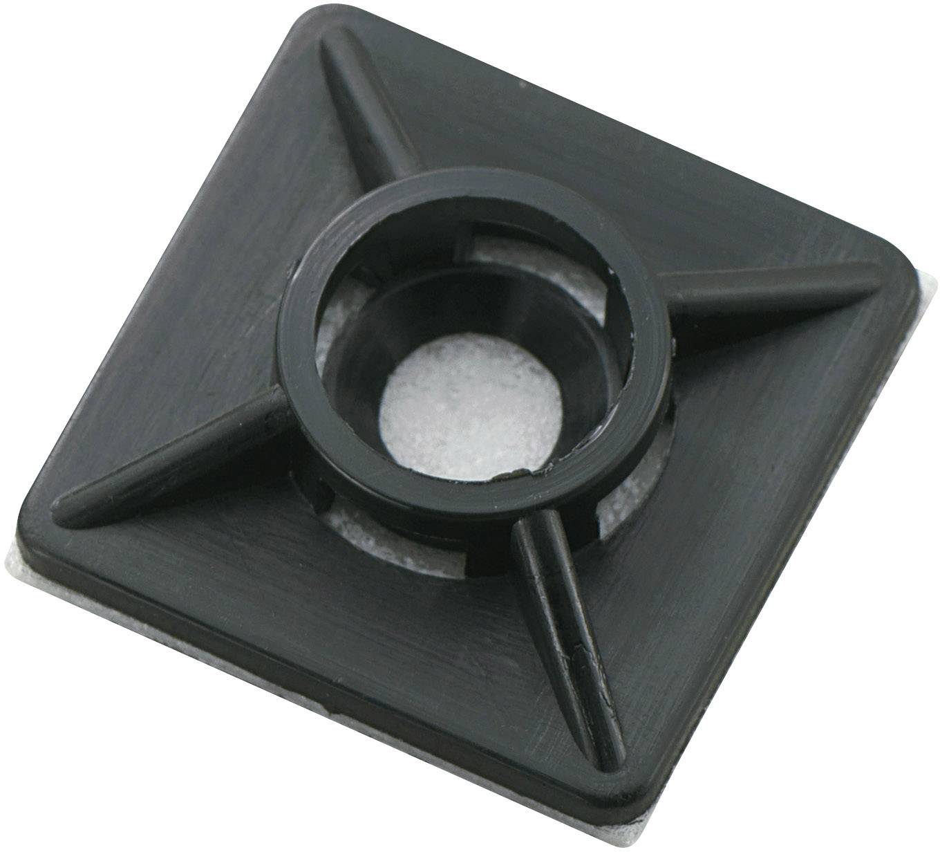 Un élément carré noir en plastique avec quatre protubérances coniques et un trou central rond, sur fond blanc.
