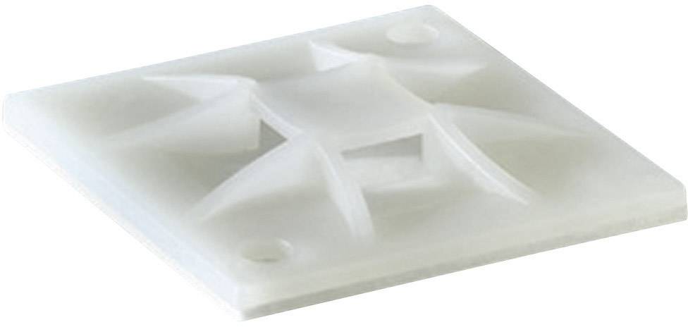 Un support de câble carré en plastique blanc, avec une fente centrale et des coins arrondis, utilisé pour la fixation des câbles.