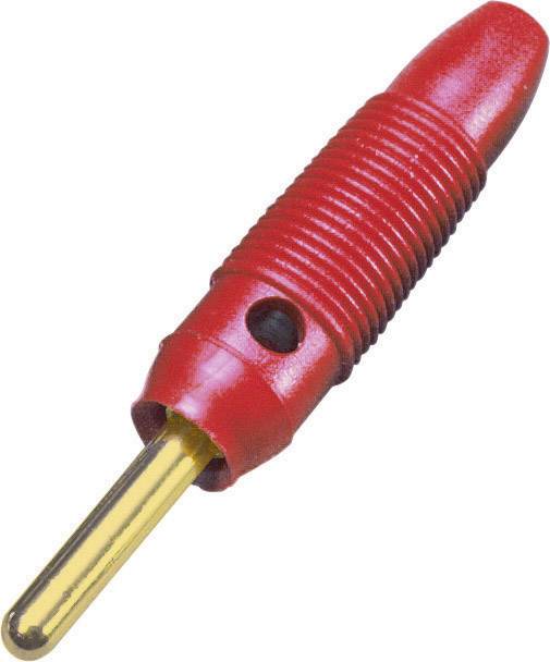 Une fiche banane rouge avec une poignée striée et un embout en métal doré. Utilisée pour les connexions électriques.