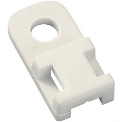 Clip de fixation en plastique blanc avec une ouverture ronde et un support rectangulaire, probablement destiné à la fixation de meubles ou d'équipements.