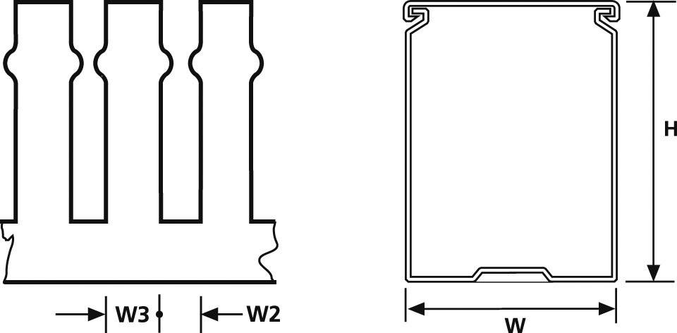 Dessin technique d'un profil avec plusieurs nervures, montrant la largeur (W, W2, W3) et la hauteur (H) pour illustrer les dimensions.