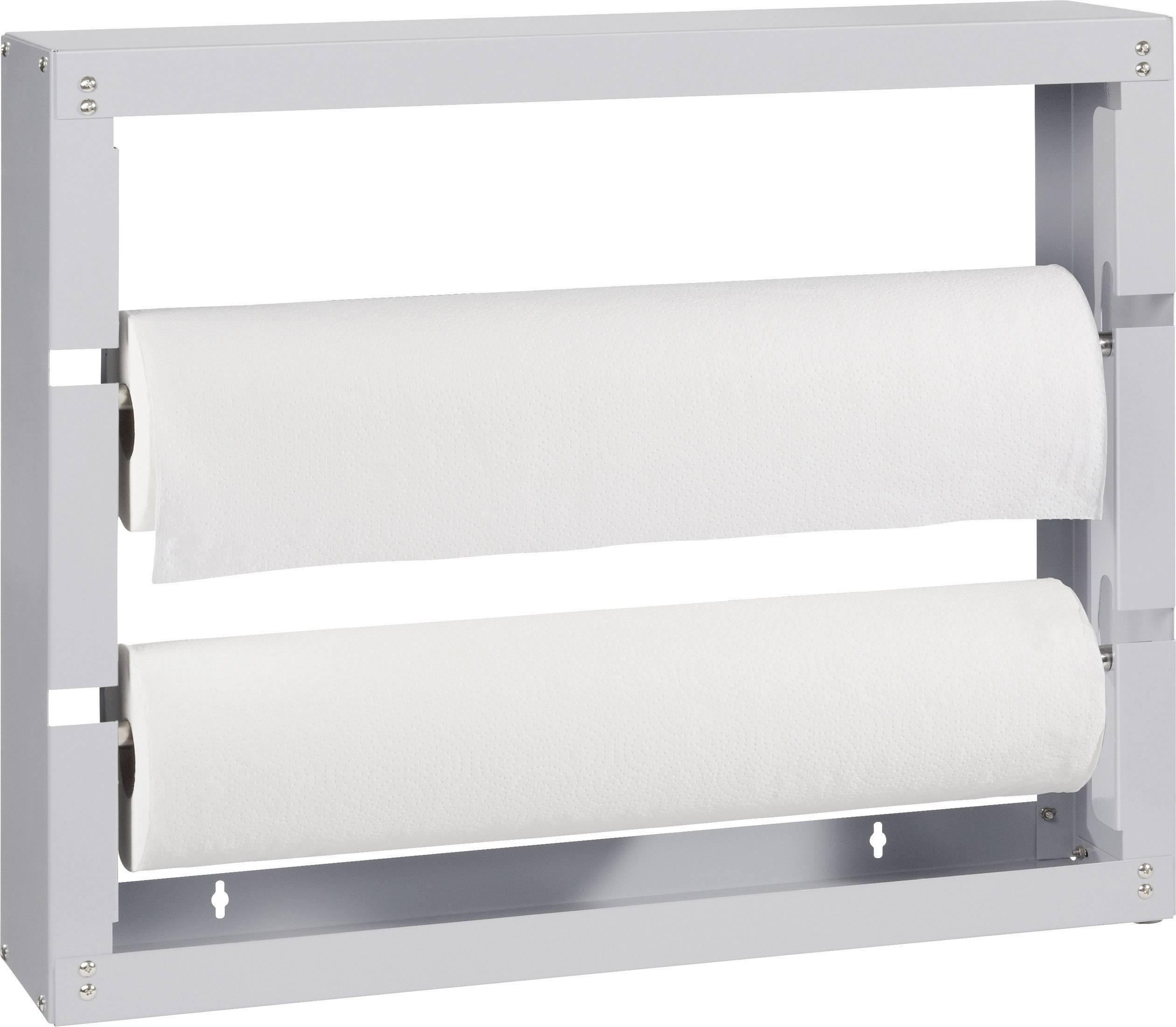 Deux rouleaux de papier blanc dans un support rectangulaire métallique, montés l'un sur l'autre, sur un fond blanc.