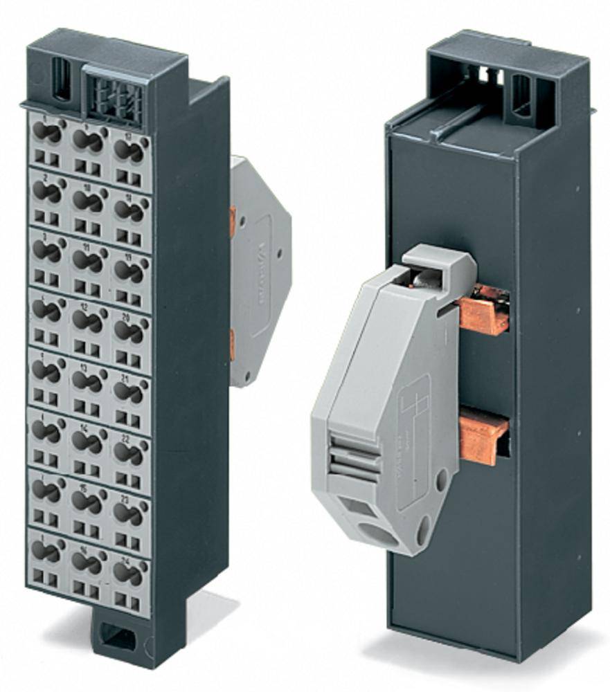Deux unités de connexion électriques modulaires à plusieurs emplacements et mécanisme de verrouillage, adaptées aux installations de tableaux électriques.