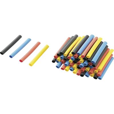 'Gaines thermorétractables en quatre couleurs : Noir, Rouge, Jaune, Bleu. À gauche quatre gaines, à droite de nombreuses gaines identiques empilées.'