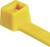 Un collier de serrage jaune avec une tête rectangulaire et une texture nervurée sur la bande.