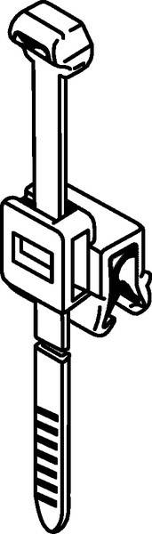 Illustration en noir et blanc d'un serre-câble avec un mécanisme de verrouillage à enclenchement, destiné à regrouper et maintenir des câbles.