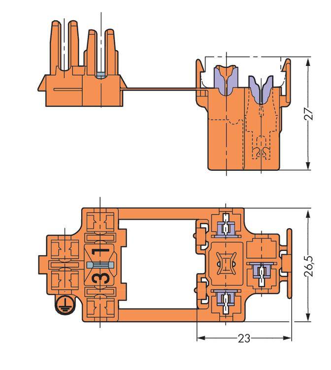 Dessin technique d'un connecteur électrique dans deux vues, avec des hauteurs marquées de 27 mm et 26,5 mm et une largeur de 23 mm.