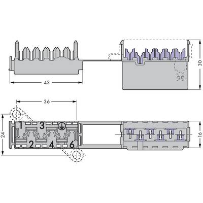 'Connecteur en forme de L avec 6 numérotations en haut à gauche, 3 emplacements non étiquetés en haut à droite. Dimensions : 43x24x16 mm, 36x30 mm.'