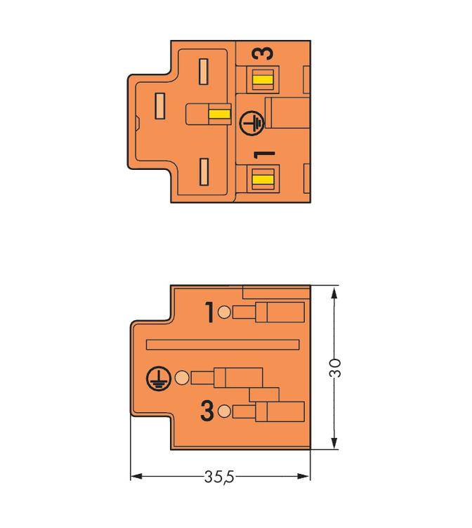 Représentation d'un schéma électrique avec deux prises, numérotées 1 et 3. Dimensions : largeur 35,5 mm, hauteur 30 mm.
