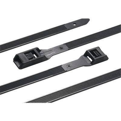 Attaches-câbles en plastique noir de différentes tailles, utilisés pour regrouper et organiser les câbles.