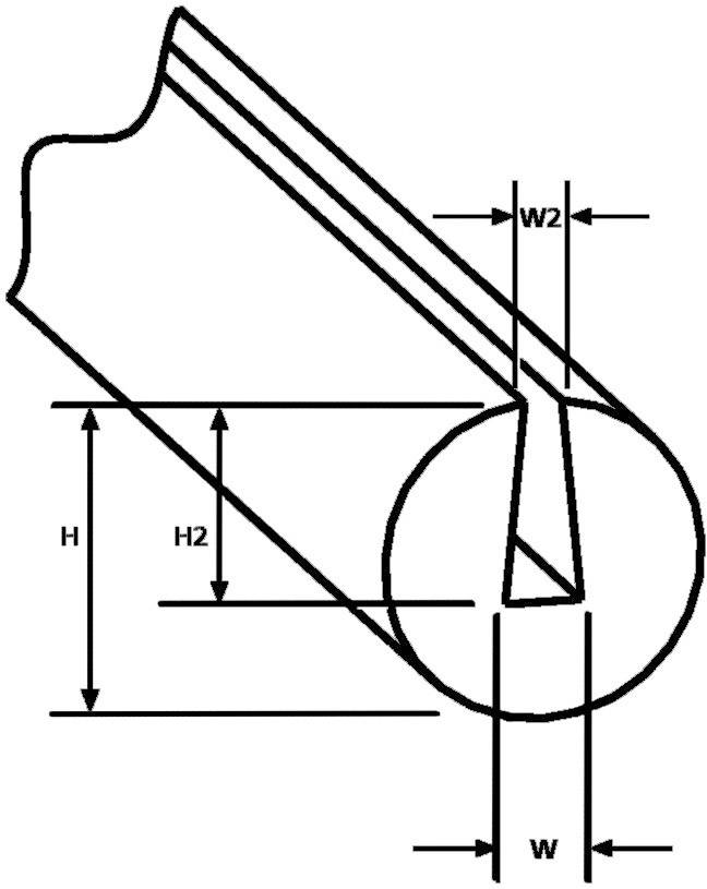 Dessin technique d'une pièce en vue latérale. Les dimensions sont indiquées par H, H2, W et W2, représentant les hauteurs et largeurs d'un profil de coupe.
