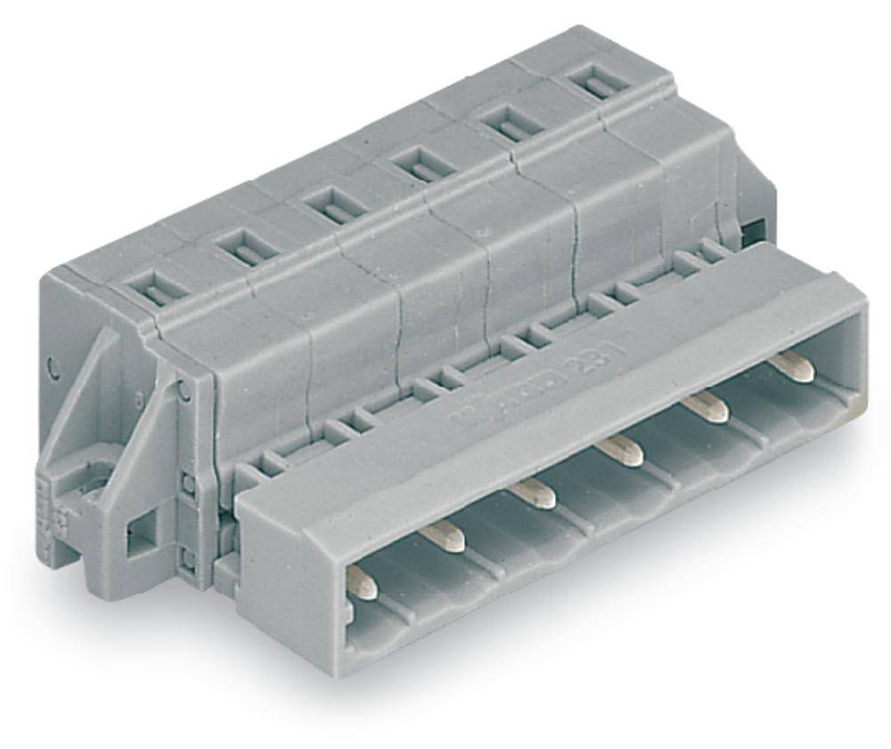 Un connecteur gris avec plusieurs bornes de connexion, adapté aux connexions électriques dans les appareils techniques.