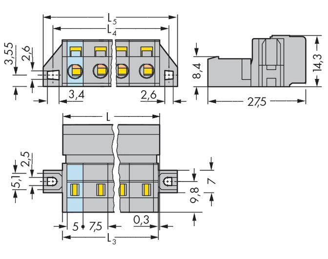 Dessin technique d'un connecteur avec dimensions en millimètres. Présente les vues de face, de côté et de dessus avec des dimensions détaillées.