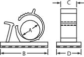 Dessin technique d'un schéma de collier de serrage avec dimensions : A (diamètre du tube), B (longueur de la base), C (hauteur), D (largeur de la base).