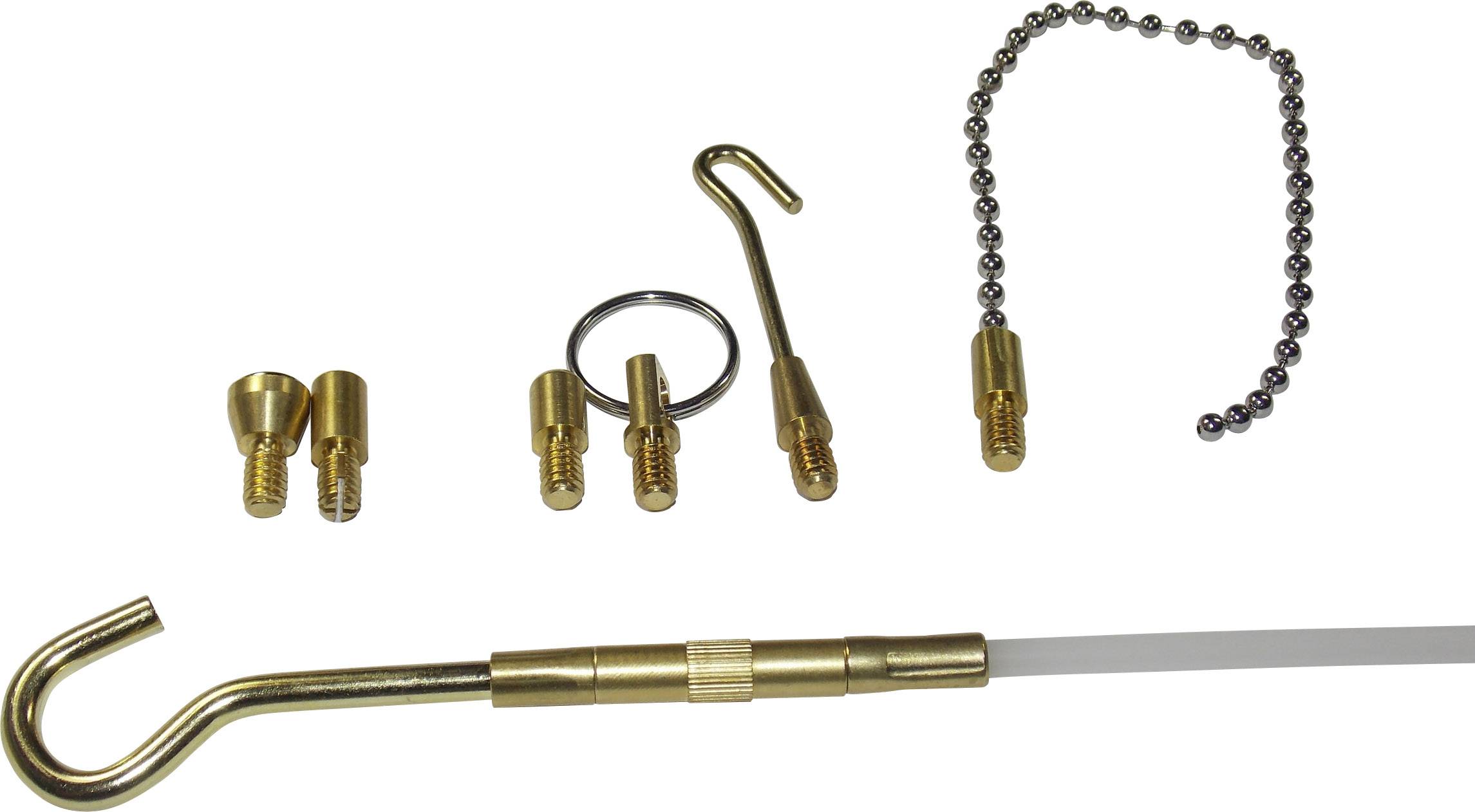 L'image montre un ensemble de six outils dorés comprenant des embouts à crochets et à chaînes, utilisés pour la manipulation des interrupteurs de traction.