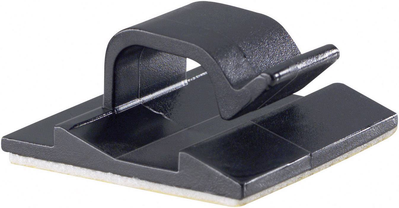 Un clip de câble noir pour fixer des câbles sur une surface plane.