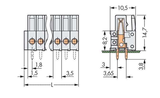 Dessin technique d'un connecteur avec des dimensions précises en millimètres. Présente une vue de face et une vue latérale avec des mesures détaillées.