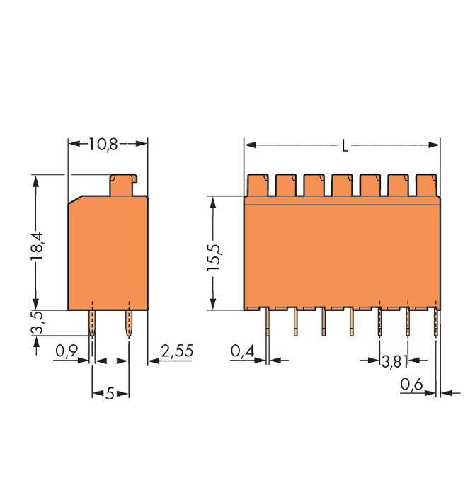 Schéma électrique montrant les dimensions d'un connecteur. À gauche : hauteur 18,4 mm, largeur 10,8 mm, écart entre broches 5 mm. À droite : longueur L avec écarts et largeurs des broches.