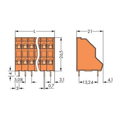 Dessin technique d'un connecteur orange avec dimensions. Vue de face et vue latérale présentant des mesures détaillées.