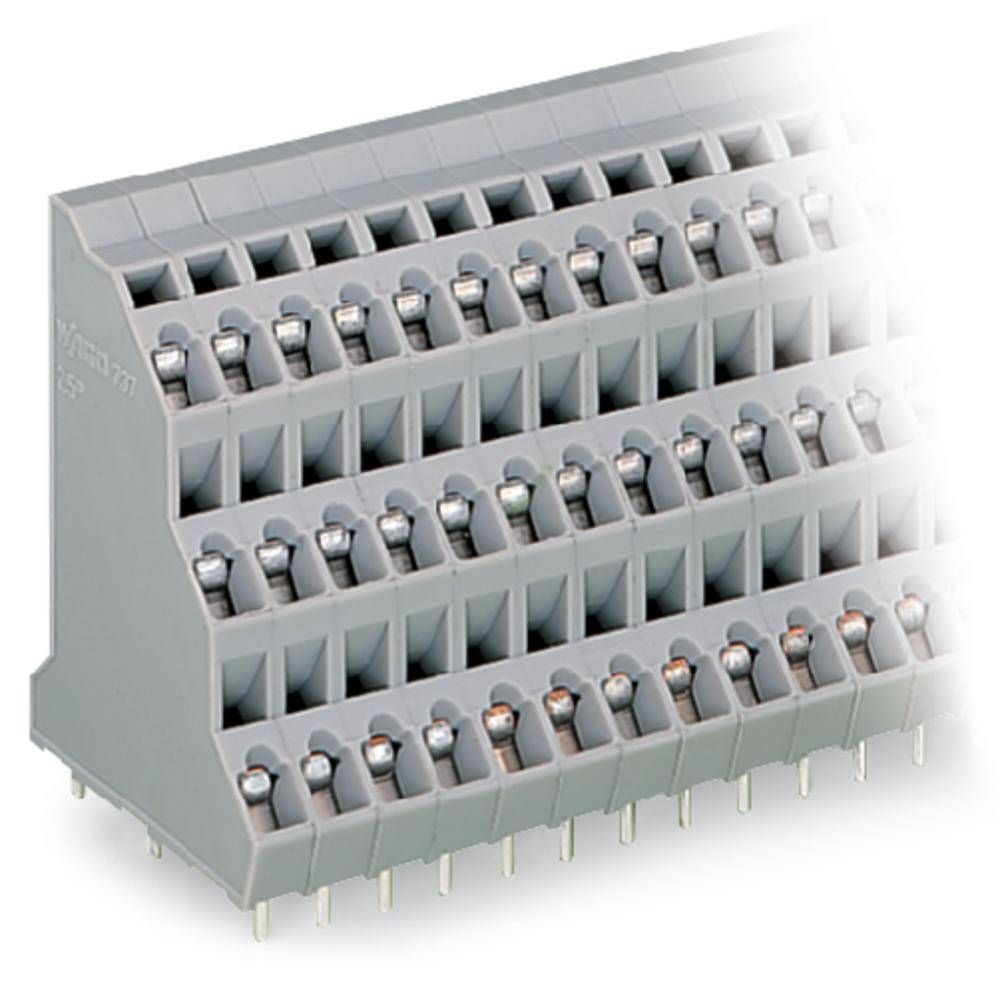 Élément de connexion électrique gris-jaune avec de nombreuses bornes de raccordement, adapté aux circuits électroniques et au câblage.