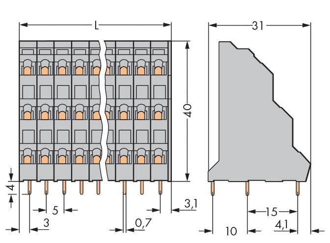 Dessin technique d'un connecteur avec dimensions : longueur (L), largeur (31 mm), hauteur (40 mm) et broches de contact dans la partie inférieure.