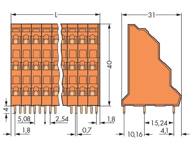 Schéma de connexion d'un connecteur avec vue latérale et frontale incluant les dimensions : largeur 31 mm, hauteur 40 mm, dimensions de profondeur détaillées.