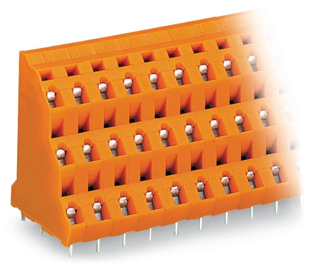 Oranges, bloc multiprises rectangulaire avec alimentation électrique et contacts métalliques enfichables.