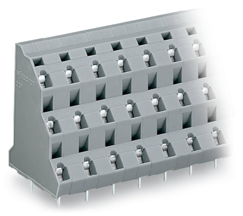 Bloc de connexion électrique gris avec plusieurs bornes de raccordement et broches métalliques sur la face inférieure, conçu pour des applications sur circuit imprimé.