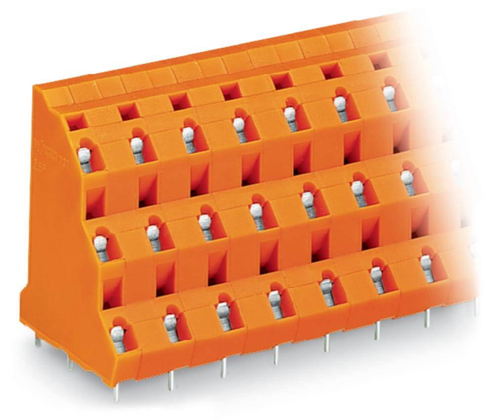 Connecteur multicouche orange avec broches de contact en argent, utilisé pour les connexions électriques dans les appareils.