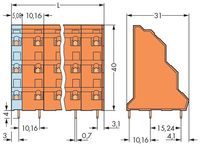 'Composant électrique avec dimensions : Longueur 40 mm, Largeur 31 mm. Plusieurs rangées de connecteurs, espacements marqués : 5,08 et 10,16 mm.'
