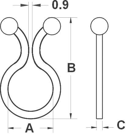 'Dessin d'un anneau métallique avec deux barres parallèles en haut et des boules aux extrémités. Dimensions : Largeur (A), Hauteur (B), et Profondeur (C).'