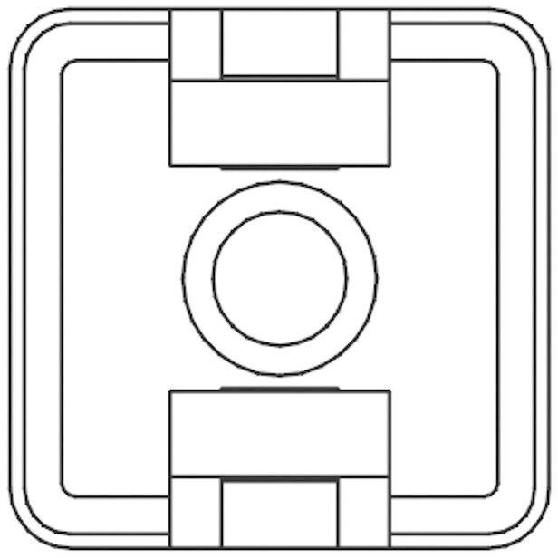 Dessin technique d'un objet carré avec un cercle central et des extensions rectangulaires en haut et en bas.