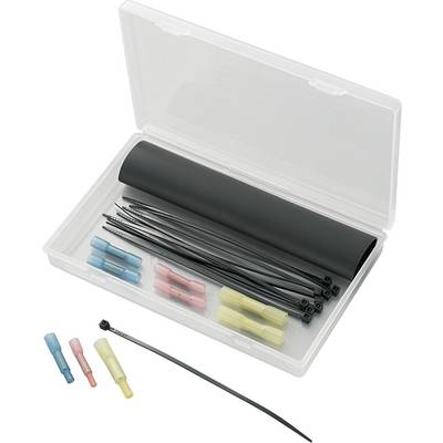 Ensemble d'éléments de connexion, incluant des attaches de câbles et des connecteurs, dans un boîtier en plastique transparent ; codé par couleurs.