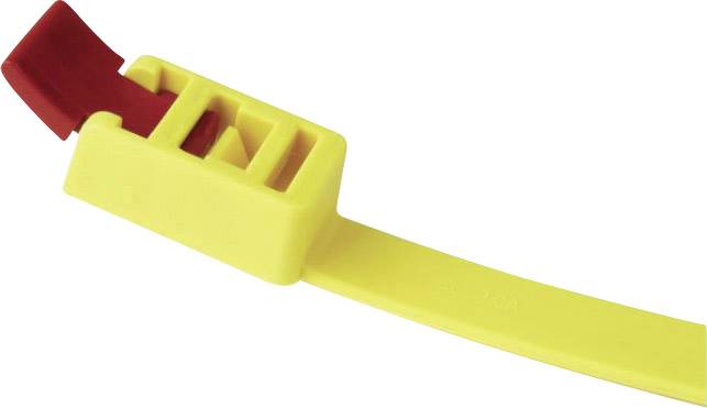 Ruban de sécurité en plastique jaune avec mécanisme de fermeture rouge, utilisé pour sécuriser et identifier des objets.