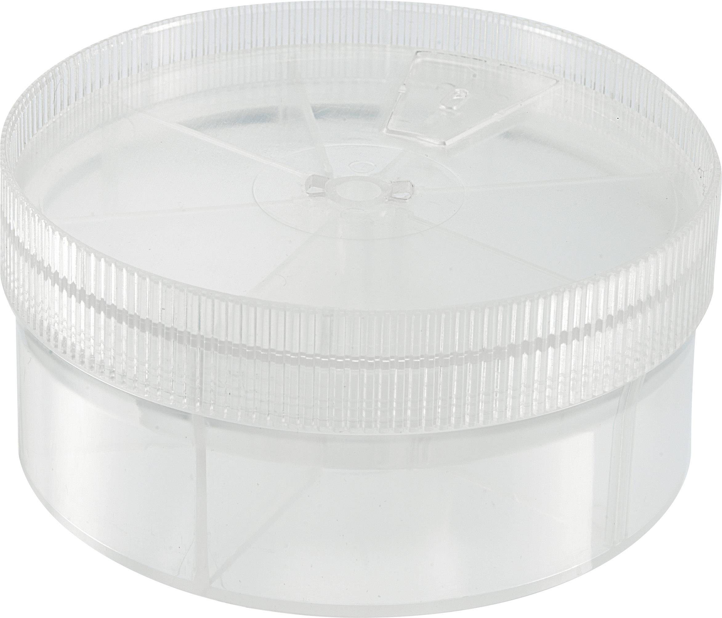 Boîte en plastique transparent avec couvercle à vis, vide. Adaptée au rangement de petits objets ou d'échantillons.