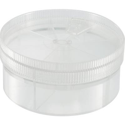 Boîte en plastique transparent avec couvercle à vis, vide. Adaptée au rangement de petits objets ou d'échantillons.