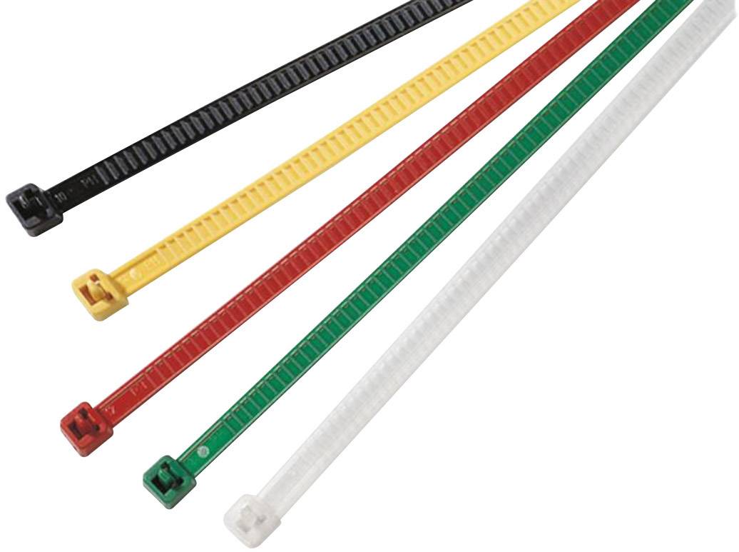 Cinq serre-câbles de différentes couleurs : noir, jaune, rouge, vert et blanc, sont disposés parallèlement et côte à côte sur un fond blanc.