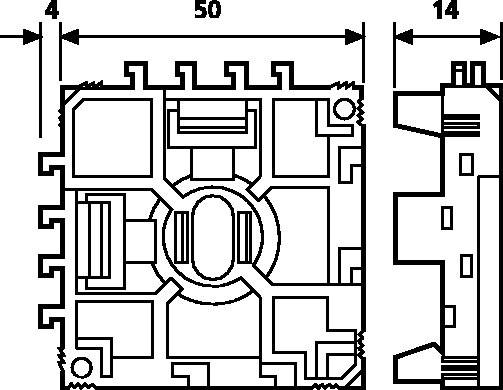 Dessin technique d'un profil linéaire à plusieurs chambres avec indication des dimensions : largeur de 50 mm, profondeur de 14 mm, épaisseur de 4 mm.