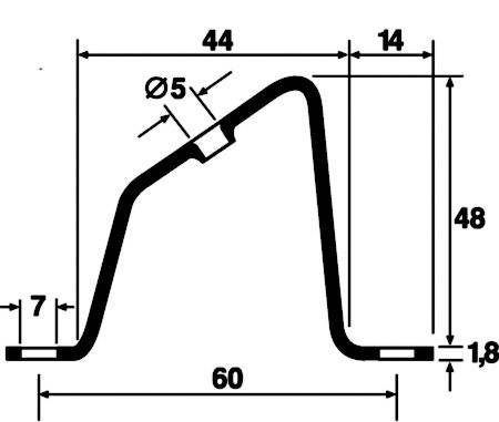 Illustration d'un profil métallique avec dimensions : Hauteur 48, Largeur 60, Diamètre de perçage 5, distances latérales 14 et 44, bases 7 et hauteur 1,8.