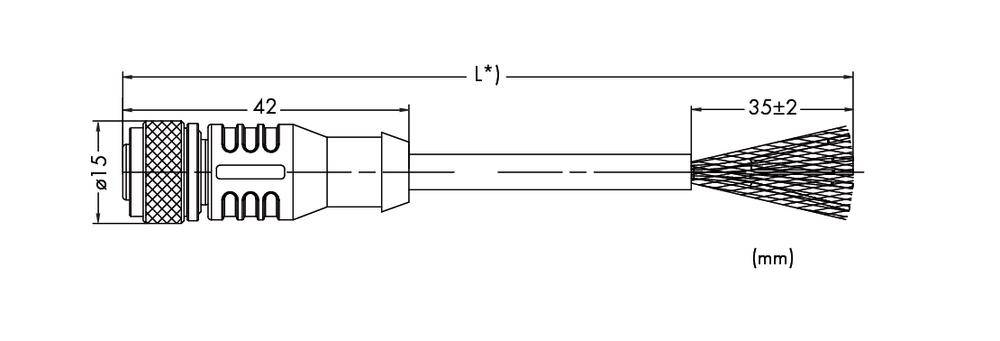 Dessin d'un outil à brosse avec dimensions : Longueur totale 'L', diamètre de la tête 15 mm, longueur de la tête 42 mm, longueur des poils 35 mm.