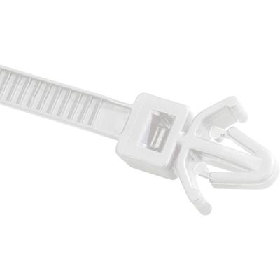 Un collier de serrage blanc en gros plan, montré en position verrouillée.