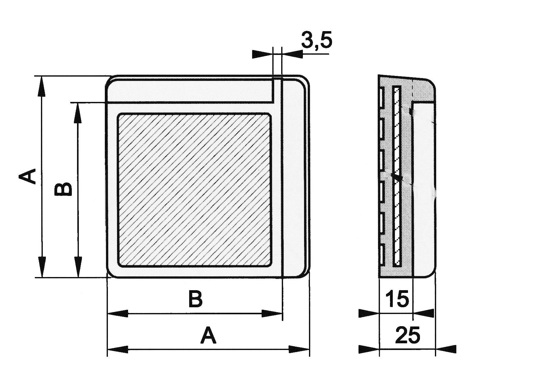 Dessin technique d'un dispositif carré avec les dimensions A, B, une épaisseur de 3,5 mm, une profondeur de 15 mm et une largeur de 25 mm. La vue latérale montre les connexions.