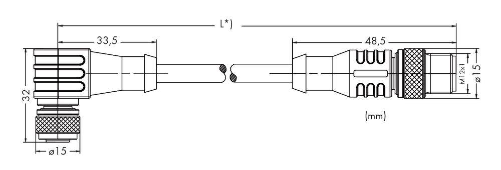 Dessin technique d'un connecteur avec dimensions : longueur 48,5 mm, diamètre 15 mm. Détails supplémentaires sur la conception et la fonction.