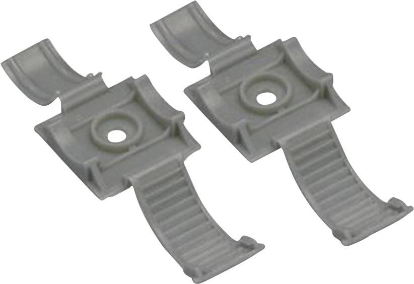 Deux clips en plastique gris avec des bandes nervurées et des trous de fixation centraux, probablement destinés au montage de composants électroniques.