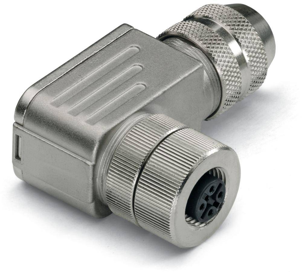Un connecteur M12 métallique coudé à 90 degrés, robuste et strié, conçu pour des applications industrielles.